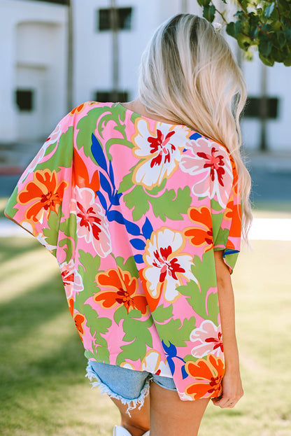 Floral Print Loose Fit V Neck Tunic Blouse | Pink