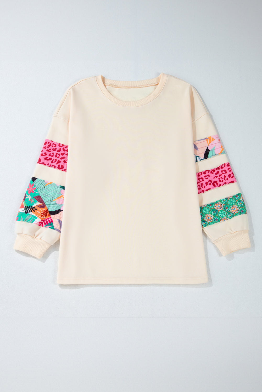 Plus Size Printed Patchwork Sleeve Split Sweatshirt | Beige