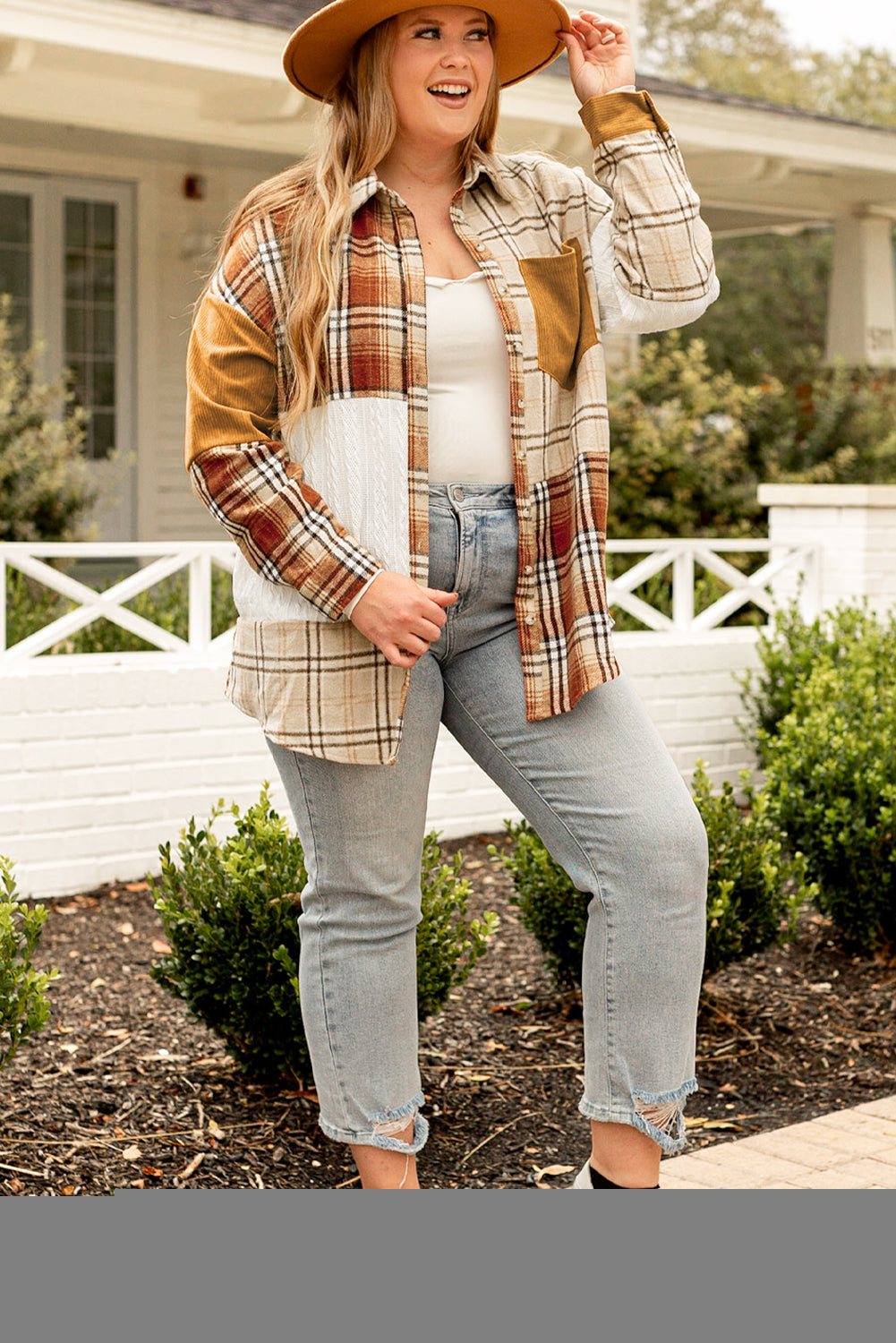 Golden Apricot Plus Size Plaid Patchwork Button Up Shacket | Gold Brick