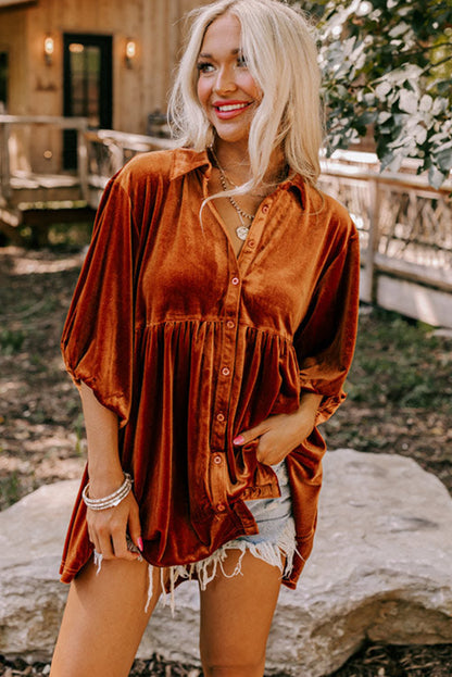 3/4 Sleeve Tunic Babydoll Velvet Shirt | Chestnut