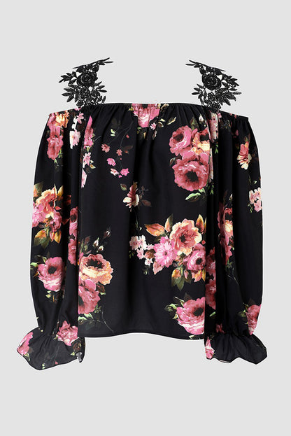 Floral Print Lace Patchwork Loose Cold Shoulder Blouse | Black