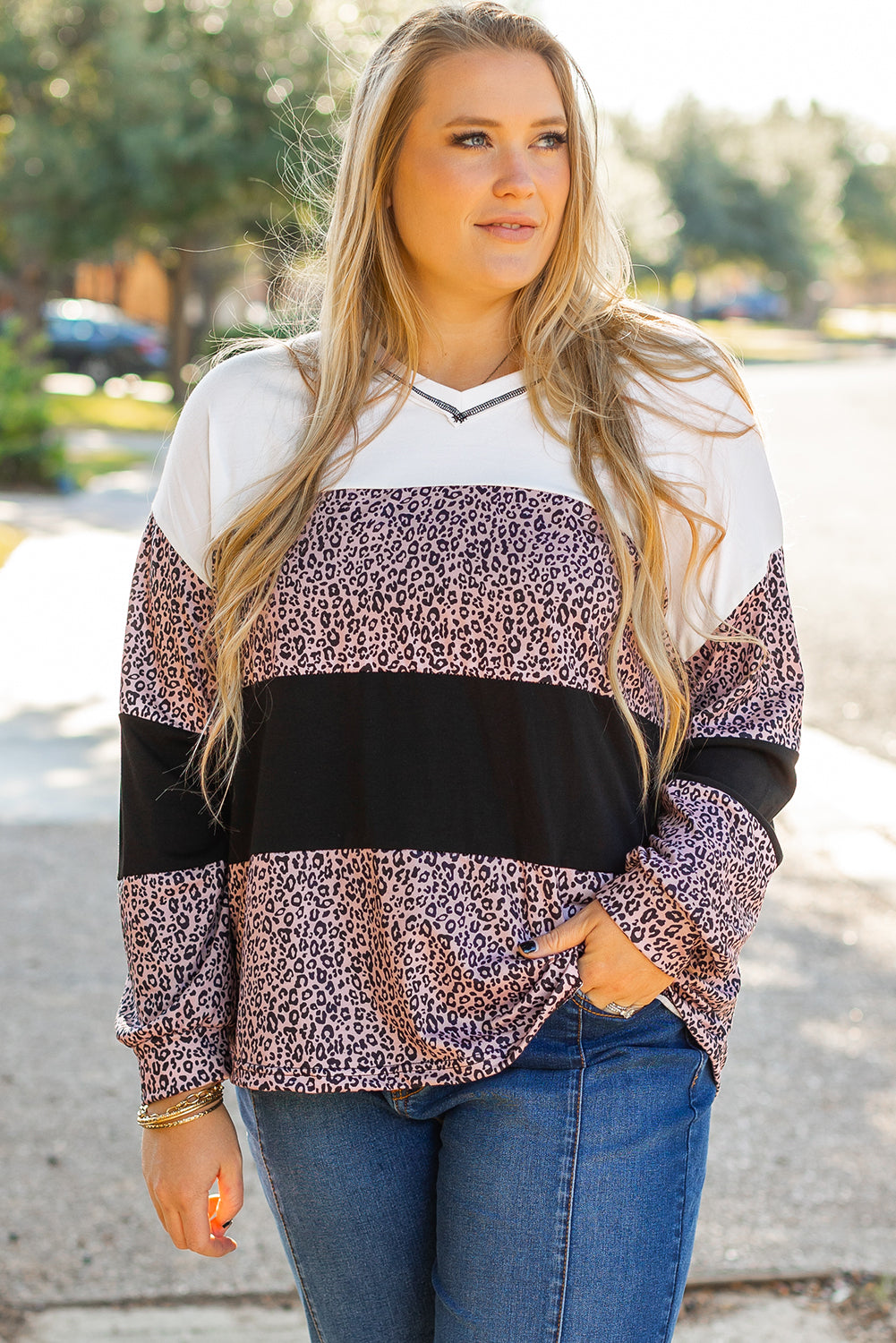 Leopard Print Colourblock V Neck Long Sleeve Plus Size Top | Black