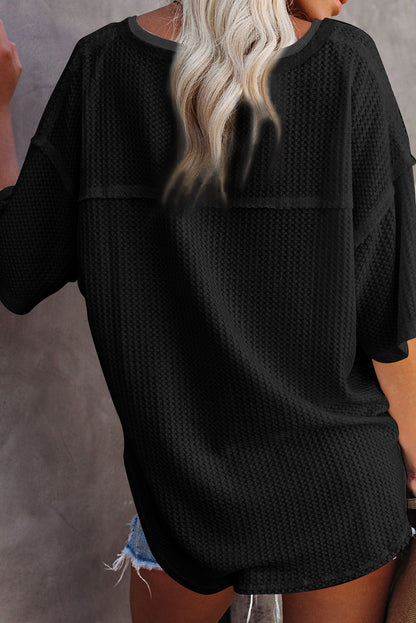 Waffle Knit Drop Shoulder Loose Top | Black