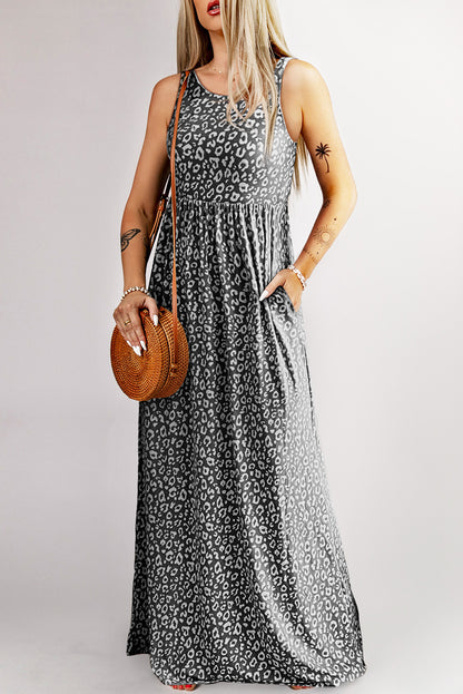 Leopard Print Pocketed Sleeveless Maxi Dress | Gray