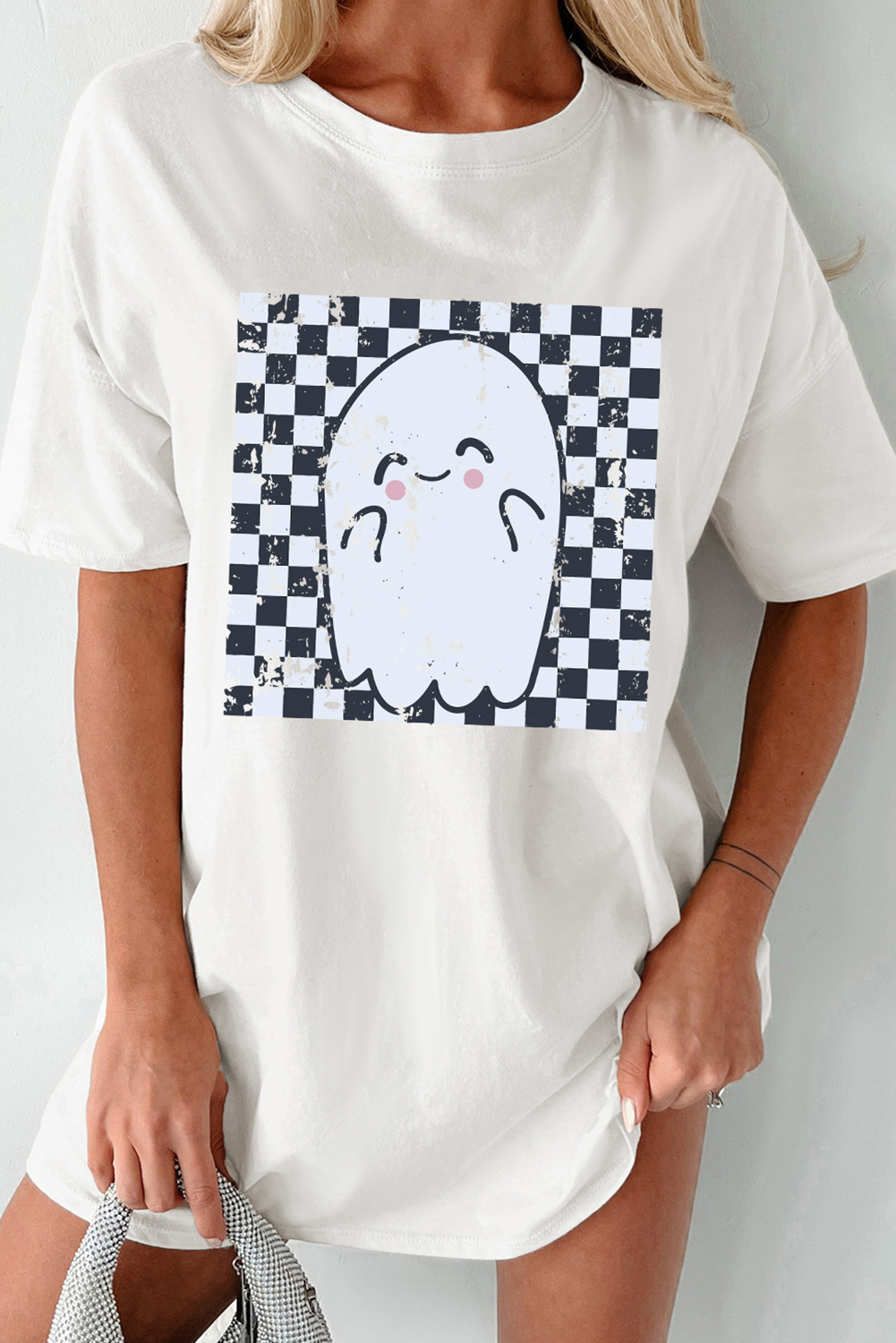 Checkered Ghost Print Crew Neck Oversized T Shirt | White