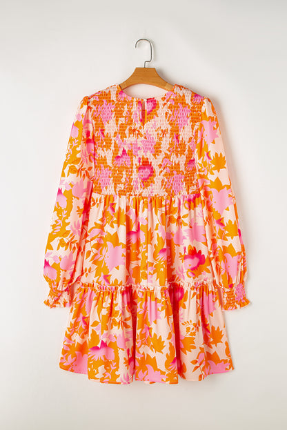 Abstract Print Smocked Lantern Sleeve Ruffle Mini Dress | Orange