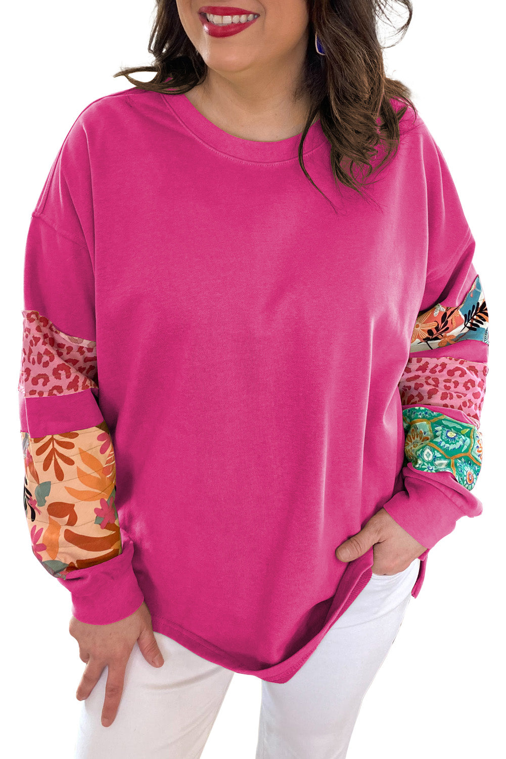 Plus Size Printed Patchwork Sleeve Split Sweatshirt | Rose Red