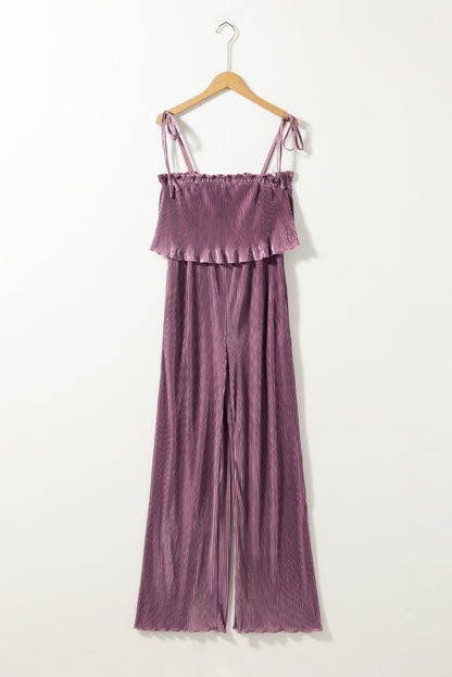 Solid Self Tied Straps Pleated Wide Leg Jumpsuit | Rose Tan