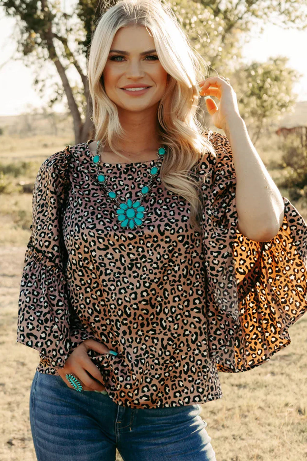 Leopard Print Ruffle Wide Sleeve Blouse | Chestnut