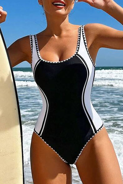 Colour Block Ric Rac Trim U Neck One Piece Swimsuit | Black