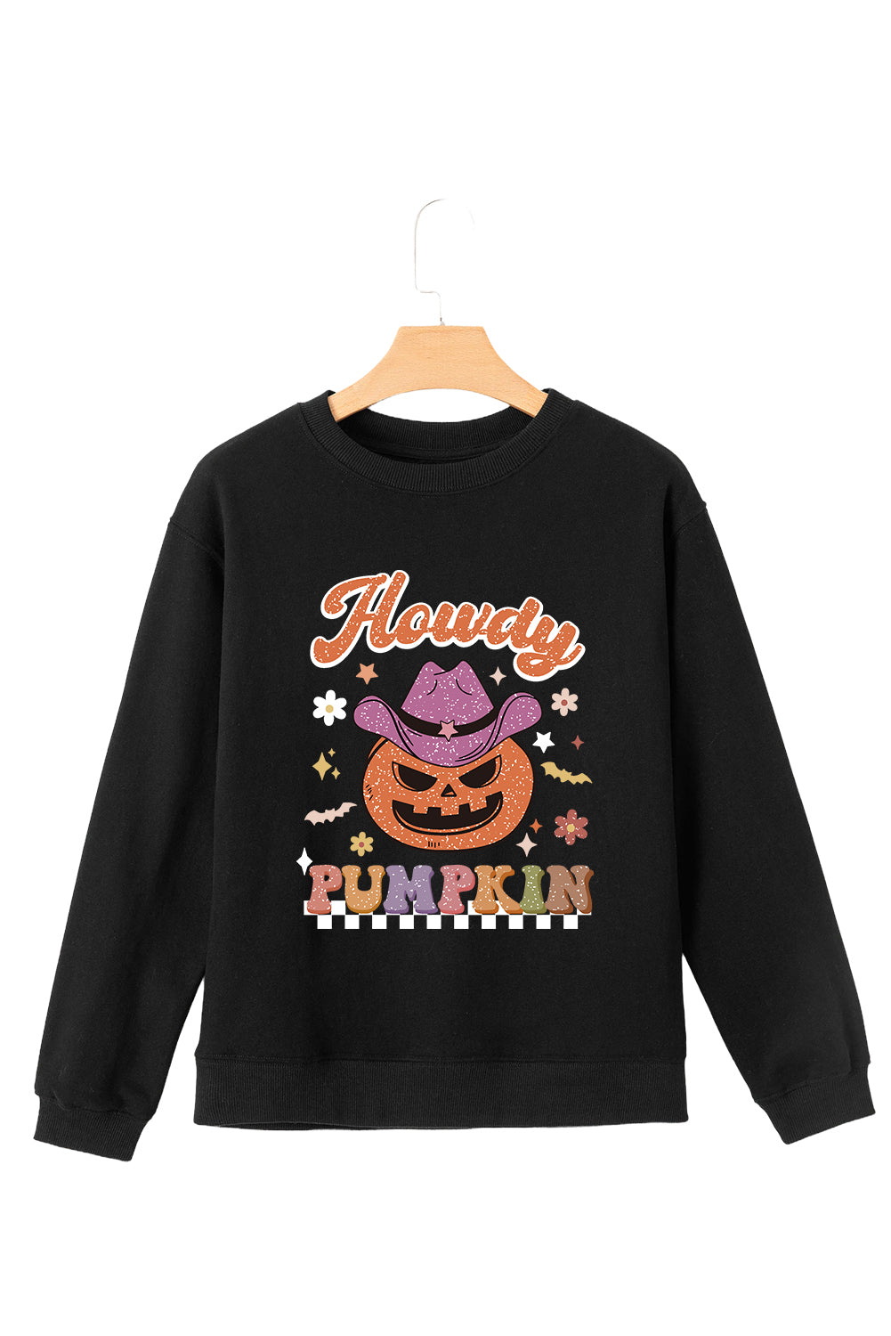 Halloween Howdy Pumpkin Print Crew Neck Pullover Sweatshirt | Black