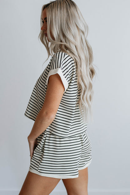 Contrast Edge Tee And Shorts Set | White Stripe