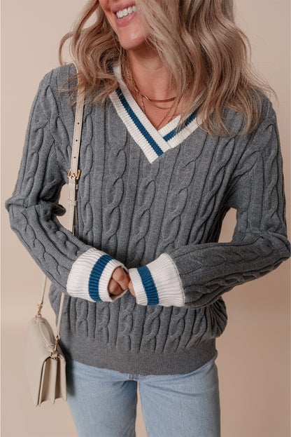 Colour Contrast Ribbed Edge Cable Knit V Neck Sweater | Medium Grey