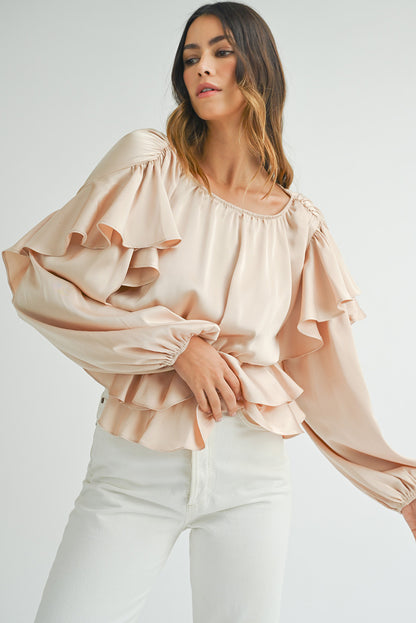 Lace-Up Keyhole Back Ruffled Peplum Blouse | Oatmeal