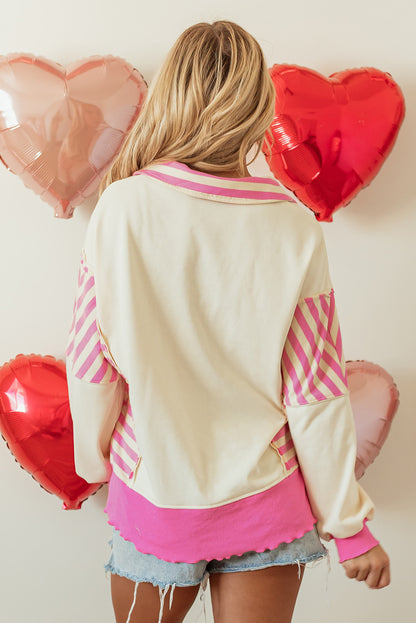 Patchwork Sequin Heart Pattern Long Sleeve Collared Split Top | Pink Stripe