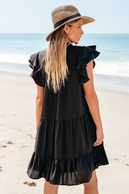 Floral Embroidered Tiered Ruffled Mini Dress | Black