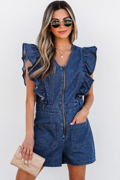 Sail Blue Denim Ruffled Zipped Front Belted Romper