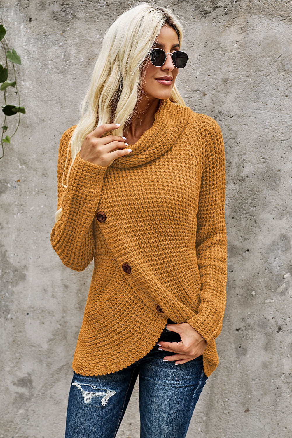 Mustard Buttoned Wrap Turtleneck Sweater | Yellow