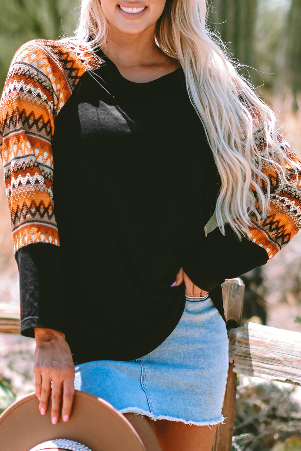 Geo Print Raglan Patchwork Long Sleeve Tee | Orange