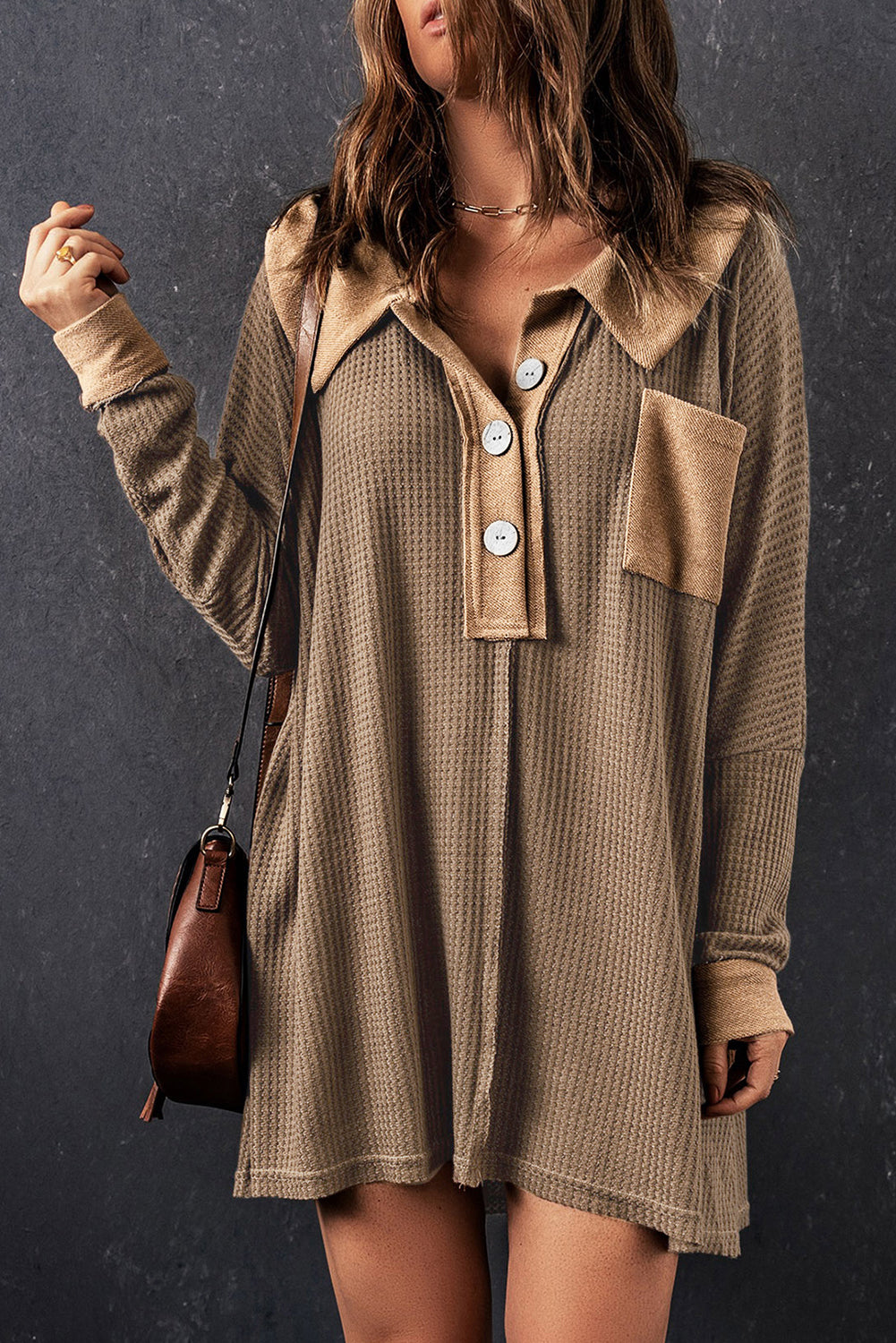 Waffle Knit Buttoned Long Sleeve Top | Brown