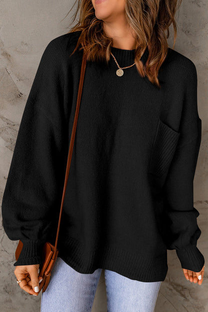 Solid Colour Puffy Sleeve Pocketed Sweater | Black