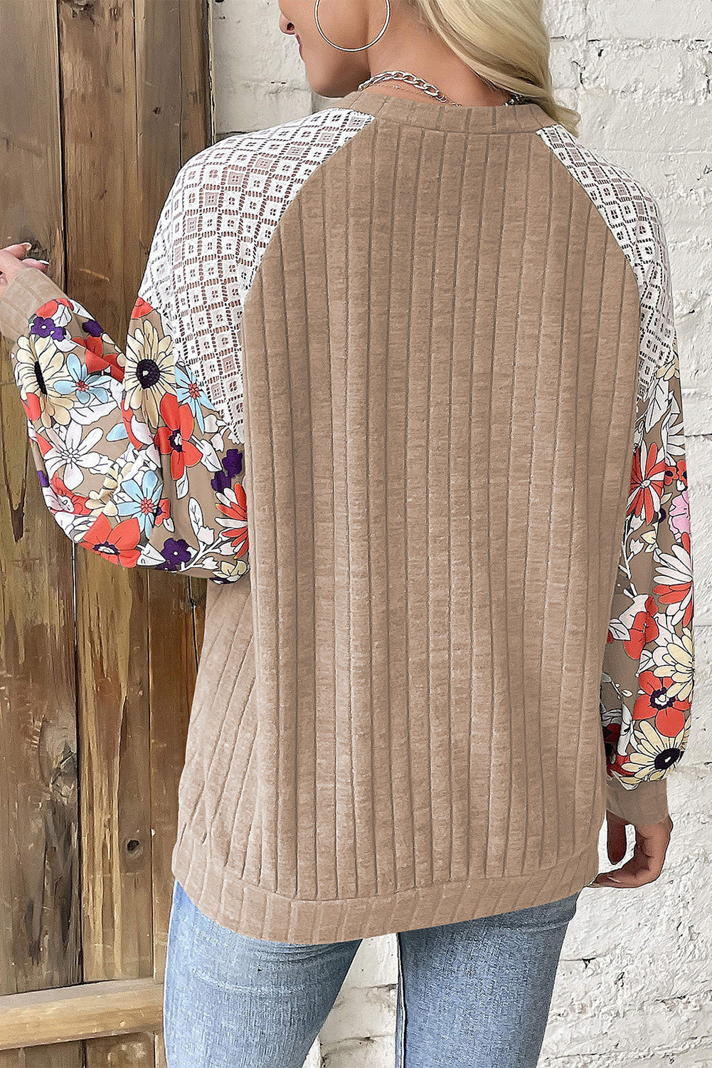 Floral Patchwork Long Sleeve Ribbed Blouse | Parchment