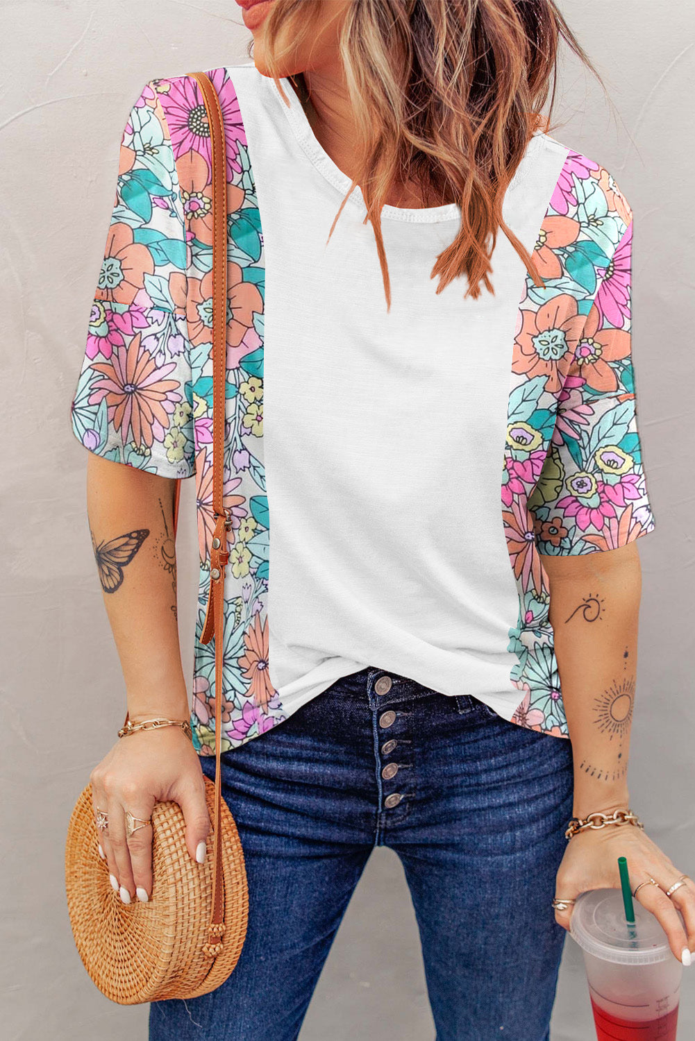 Floral Print Patchwork Short Sleeve Top | White