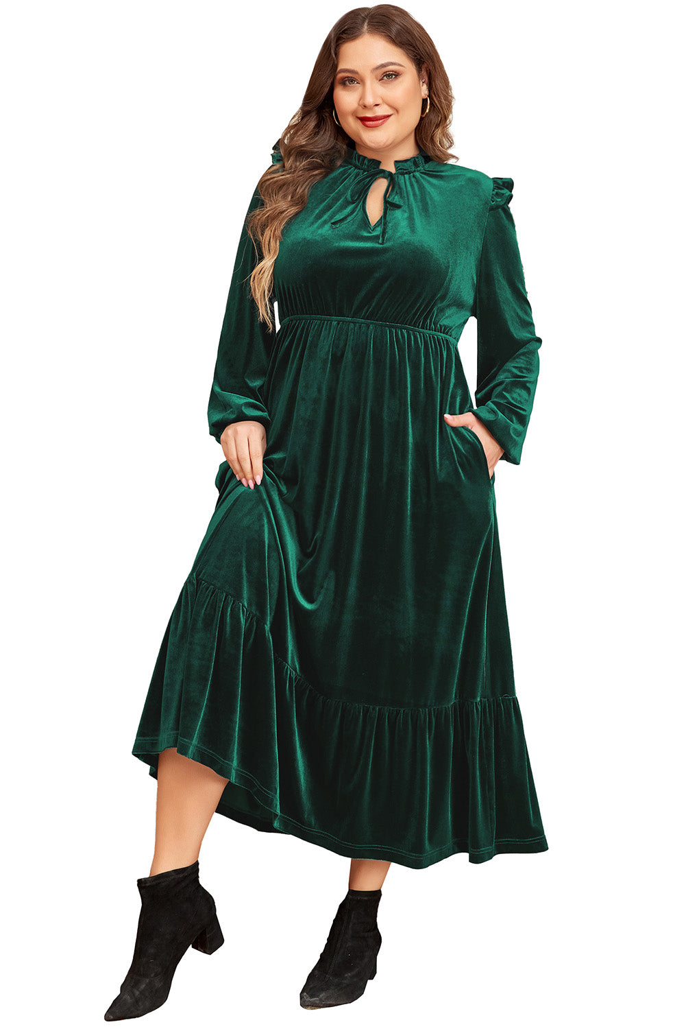 Velvet Frilled Up Neck Ruffled High Waist Plus Size Midi Dress | Blackish Green