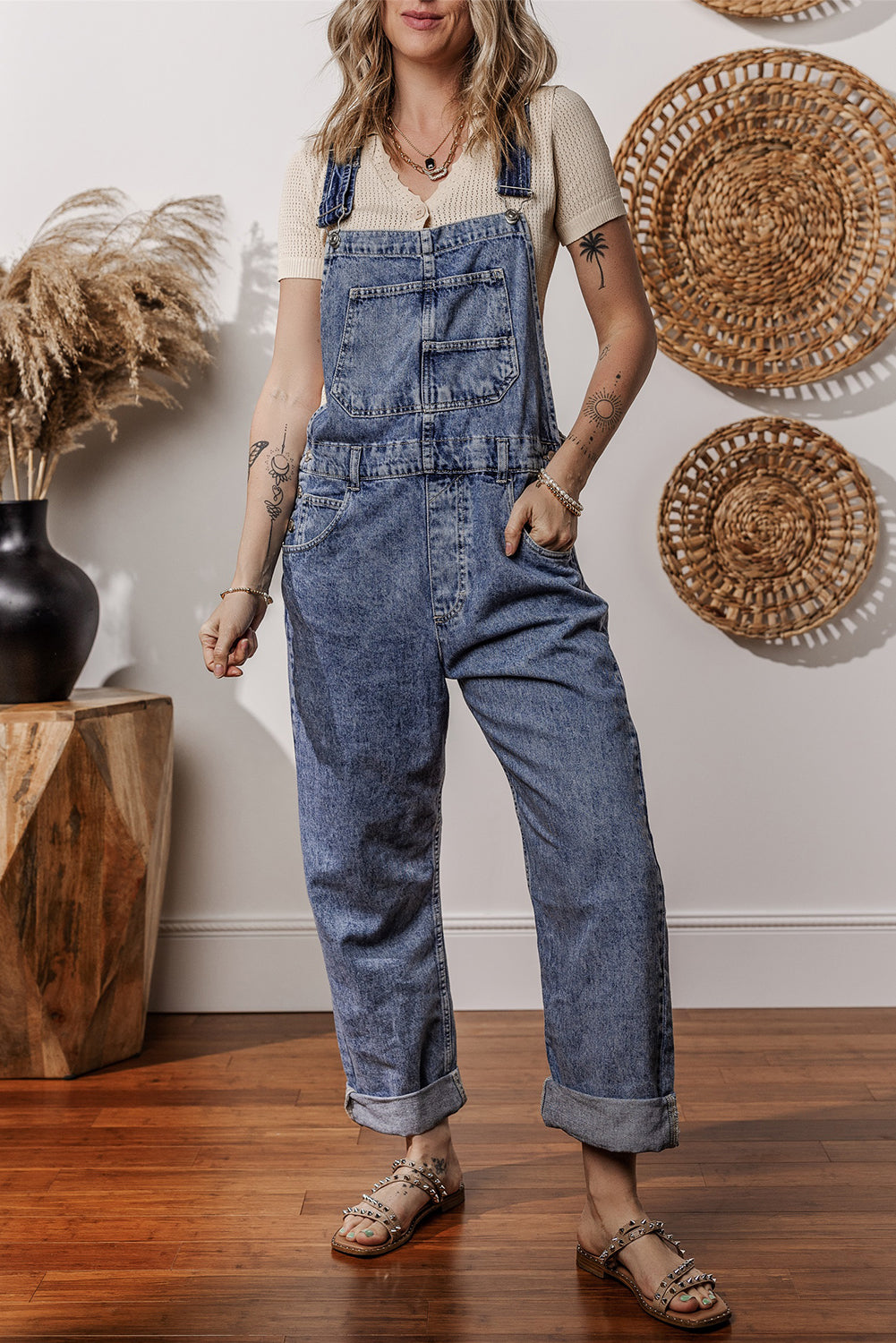 Denim Bib Straight Leg Jumpsuit With Pockets | Sail Blue