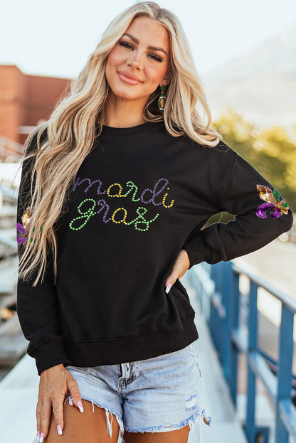 Ceramic Rhinestone Mardi Gras Letter Graphic Sweatshirt | Black