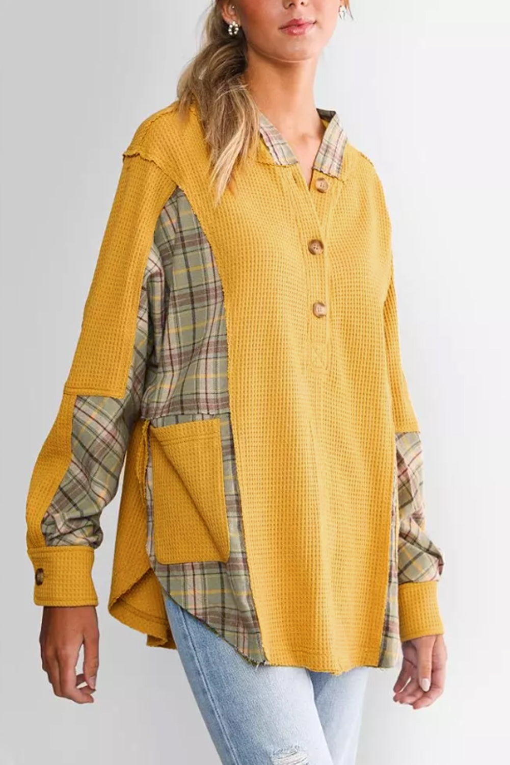 Waffle Knit Plaid Patchwork Pocketed Henley Hoodie | Yellow