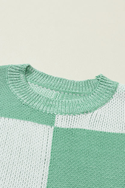 Checkered Print Drop Shoulder Sweater | Mint Green