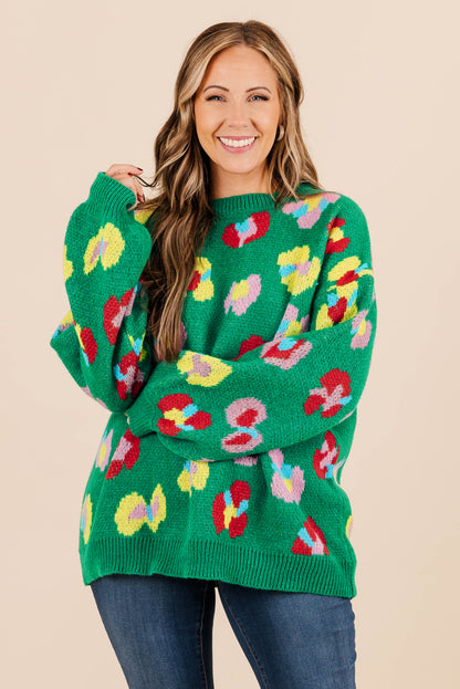 Plus Size Floral Knitted Ribbed Edge Drop Shoulder Sweater | Green