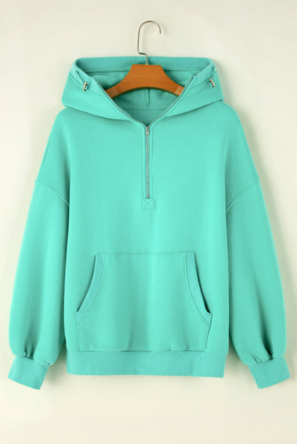 Half Zip Kangaroo Pocket Drop Shoulder Hoodie | Mint Green