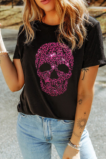 Rhinestone Leopard Skull Graphic Crewneck Casual T Shirt | Black