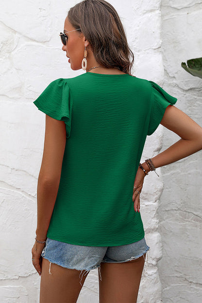 Solid Colour Textured Pleated Flutter Sleeve Blouse | Dark Green