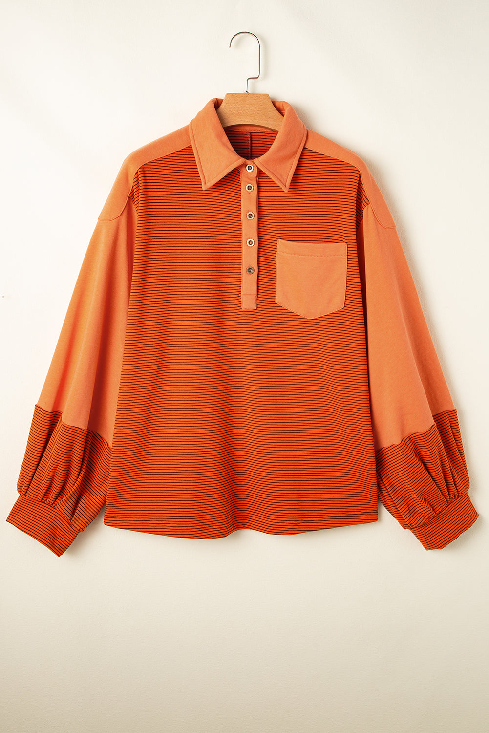 Exposed Seam Henley Turn-Down Neck Puff Sleeve Sweatshirt | Orange Stripe