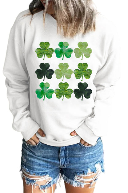 St. Patrick'S Day Clover Print Long Sleeve Sweatshirt | White