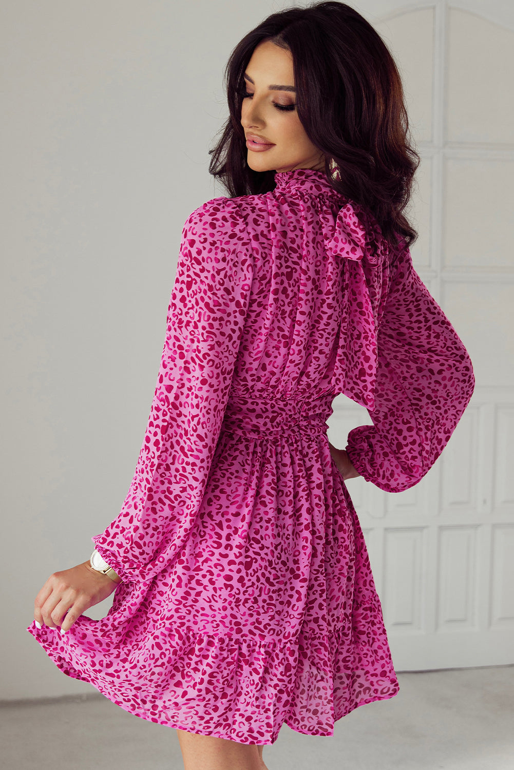 Leopard Puff Sleeve Knotted High Neck Ruffle Dress | Rose