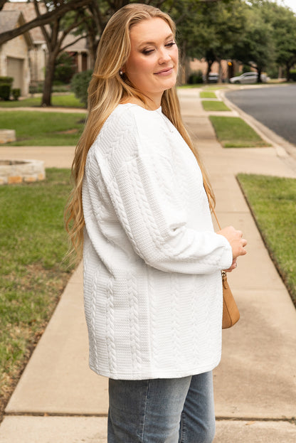 Cable Textured Loose Plus Size Sweatshirt | White