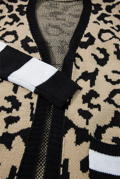 Stripe Sleeve Leopard Print Open Front Cardigan With Pockets | Black