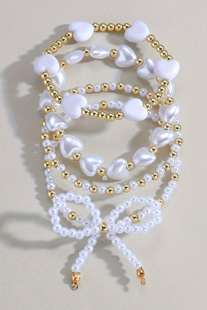 Bow Knot Heart Shape Faux Pearl Beaded Bracelet Set | White