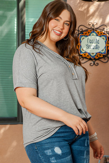 Plus Size Buttoned V Neck Batwing Sleeve Top | Gray