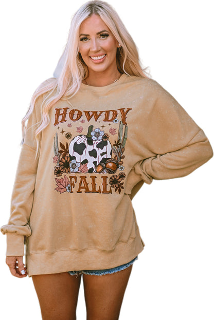 Howdy Fall Pumpkin Print Split Hem Sweatshirt | Khaki