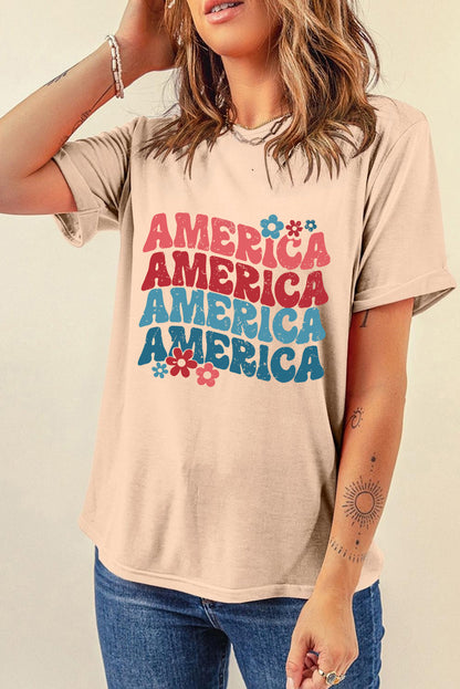 America Letter Floral Print T Shirt | Khaki