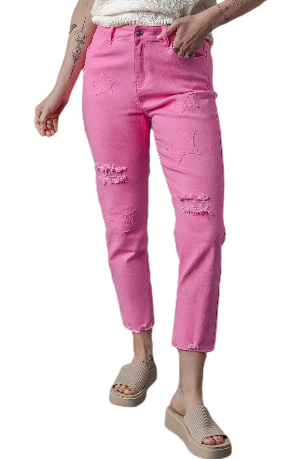 Star Shape Patchwork Mid Waist Straight Leg Jeans | Pink