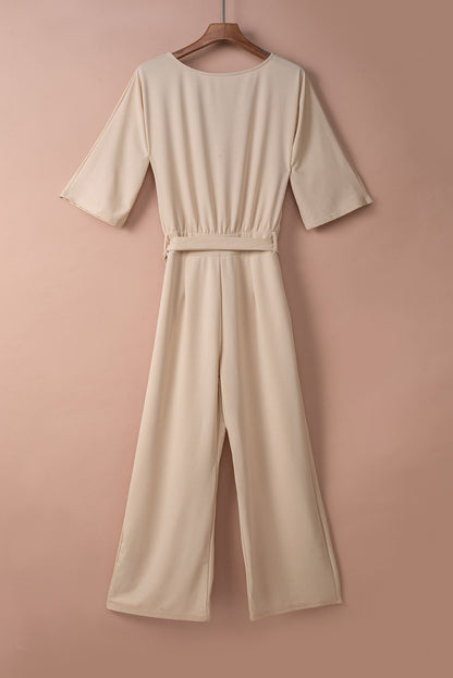 Bracelet Sleeve Waist Tie Wide Leg Jumpsuit | Apricot