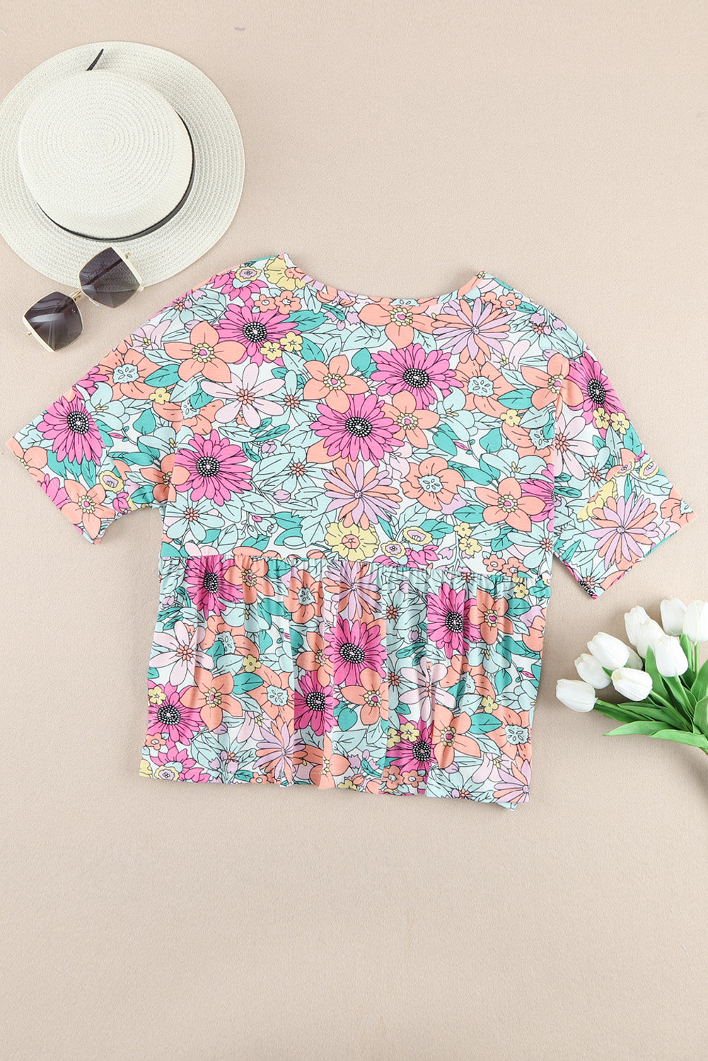 Bohemian Flower Print Flowy Short Sleeve Top | Multicolour