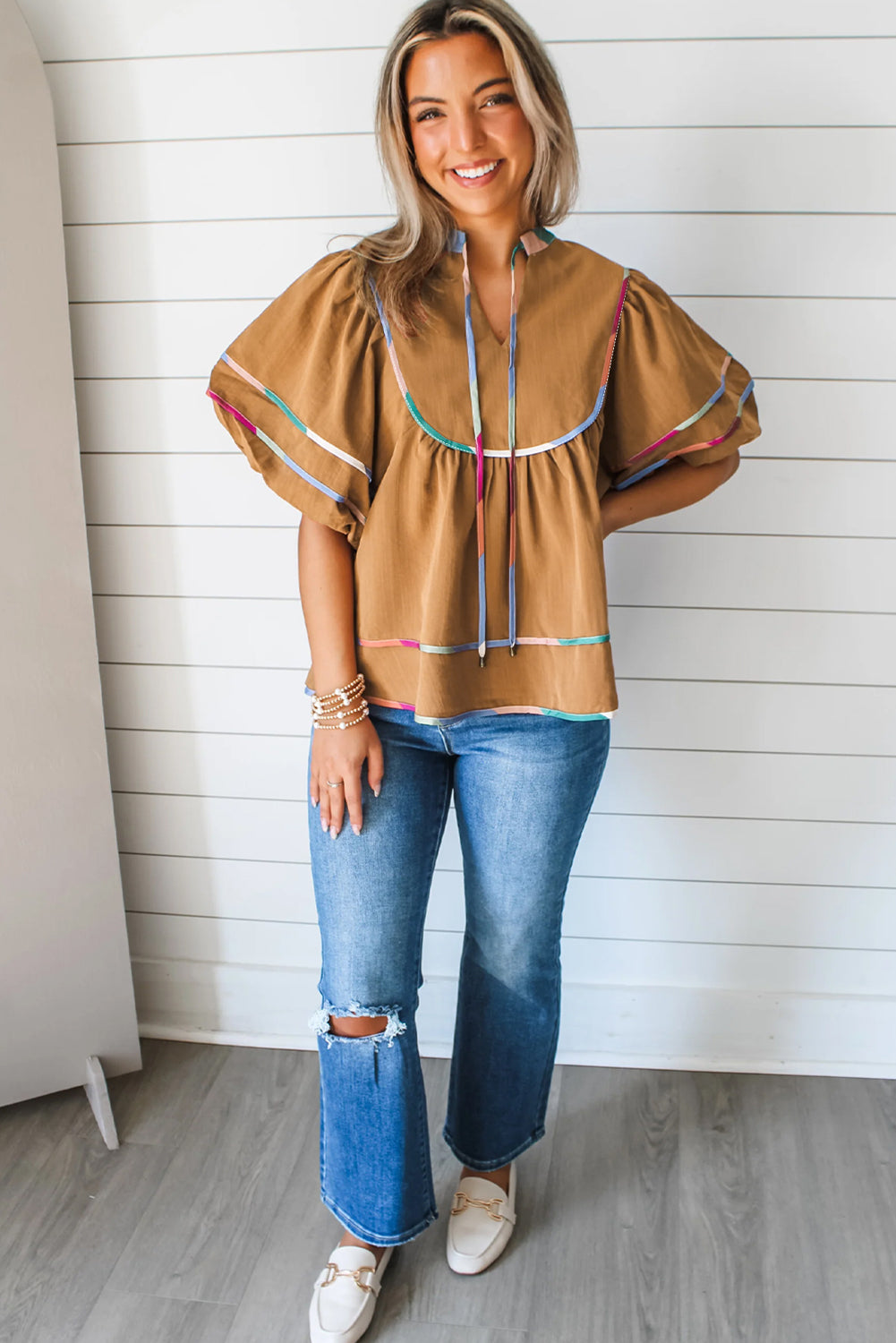 Colourful Trim Wide Short Sleeve V Neck Blouse | Thai Curry