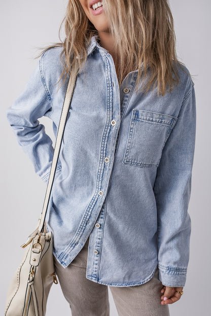 Long Sleeve Buttoned Chest Pocket Denim Shacket | Beau Blue